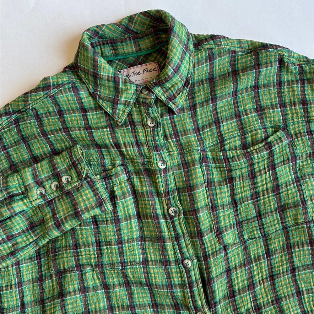 Free People We The‎ Free Cardiff Oversized Gauze Shirt Green Plaid Women’s XS - Picture 2 of 16